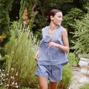 Piyama Gingham Tie-Front Pajama Set - Blue - Medium